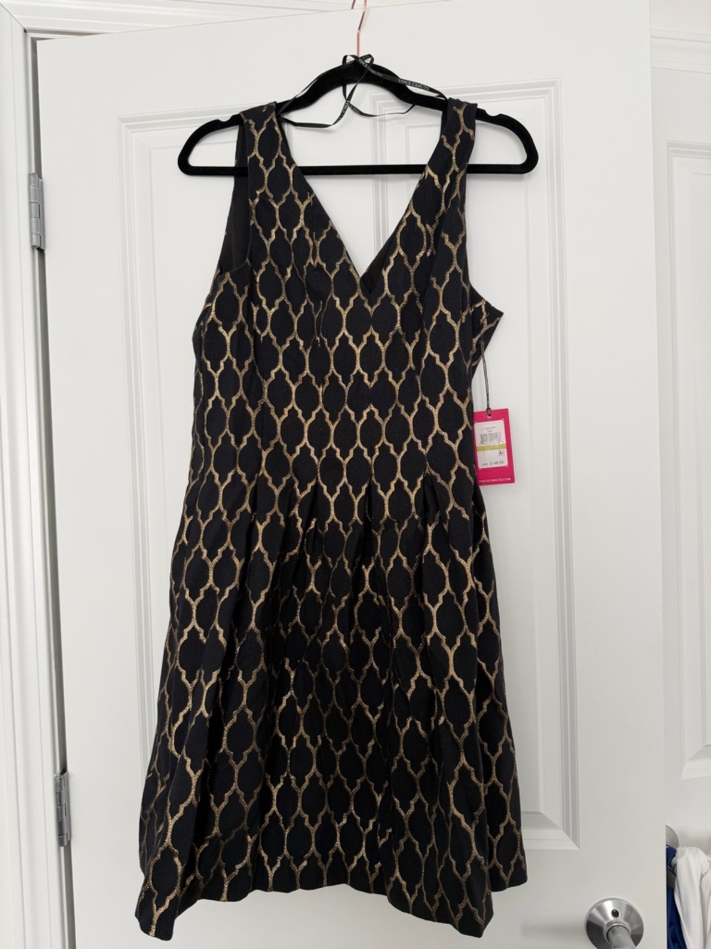 Vince Camuto Black Midi Dress with Gold Lattice Print